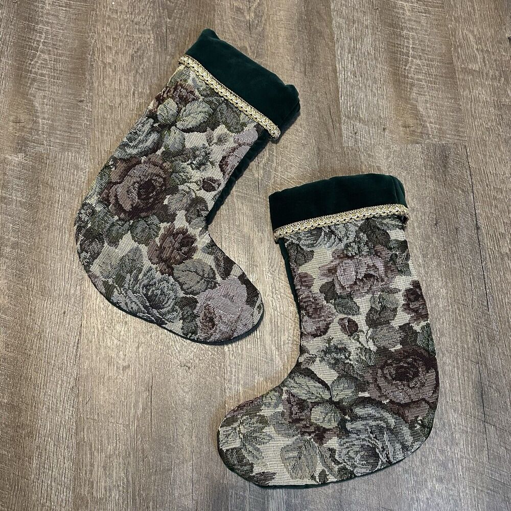 Vintage‎ Handmade OOAK Tapestry Floral Green Christmas Stockings Lot Of 2
